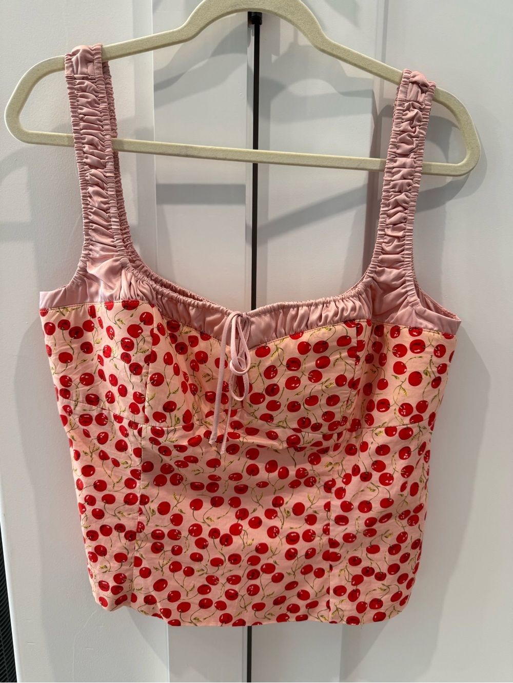 NWT Astr Pink Cherry-Print Bandeau Tank with Ruched Straps